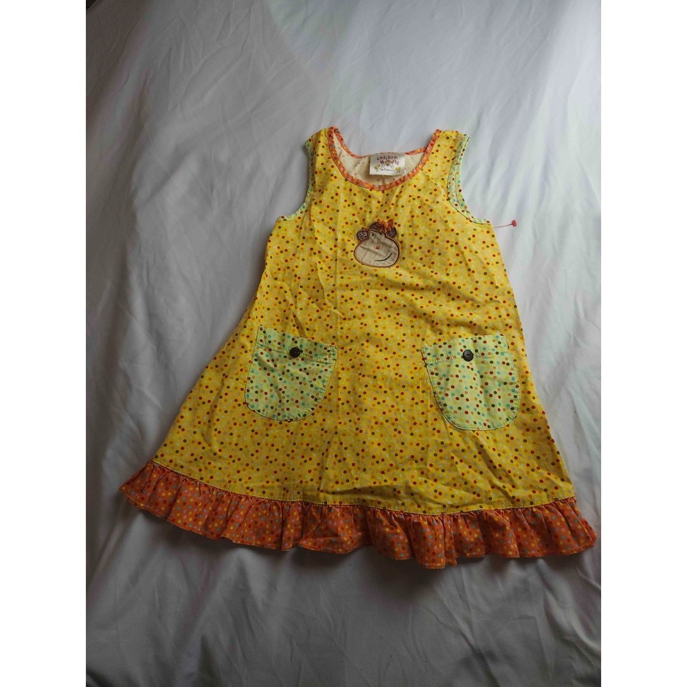 Chicken Noodle Dress Girls Small Yellow Polka Dot Ruffle Hem Sleeveless A-Line